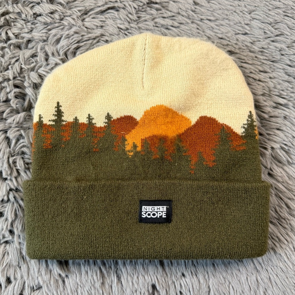Night Scope LED Light Beanie Mountain Forest Graphic Olive Green Winter Hat